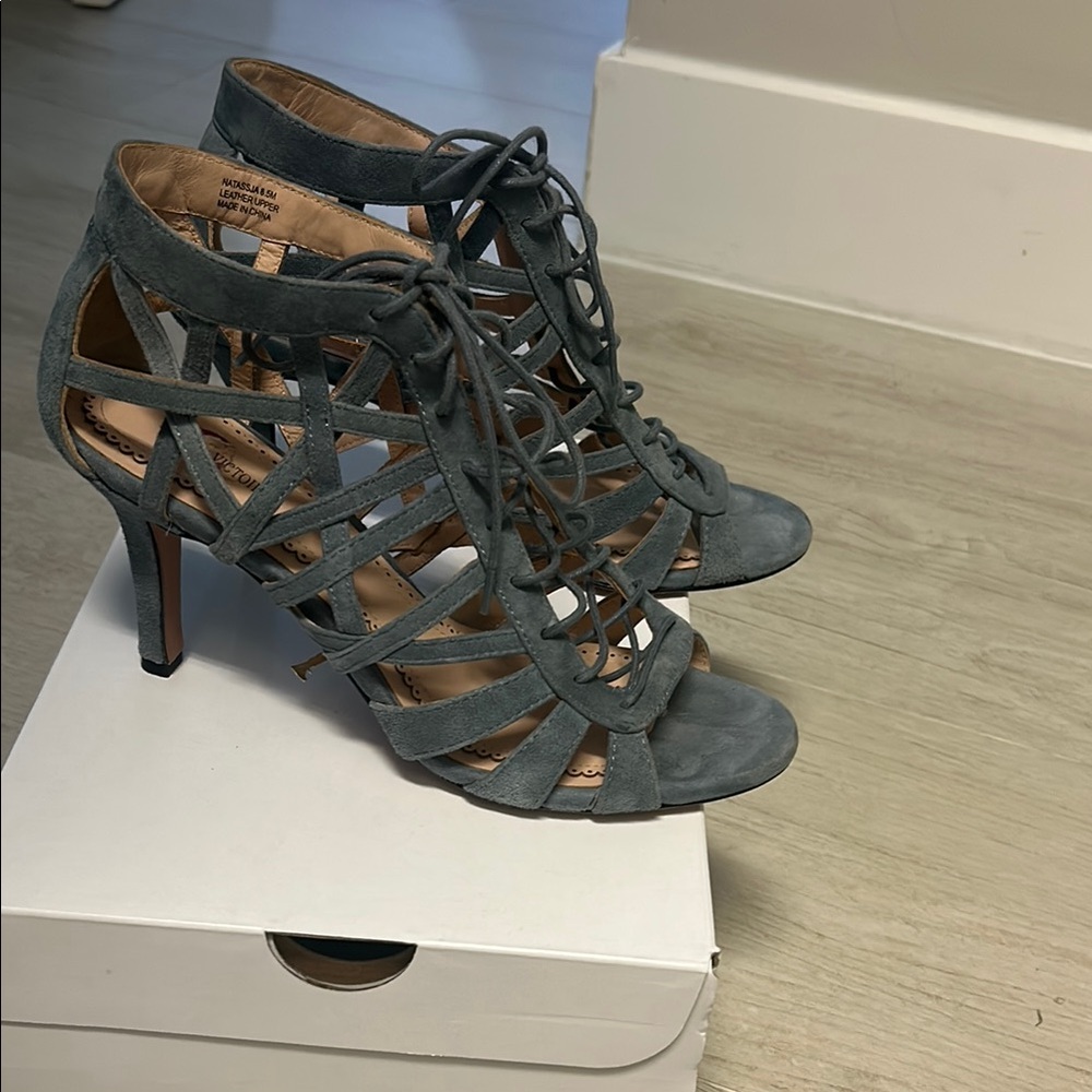 Pour La Victoire Blue and Gray Strappy Heels